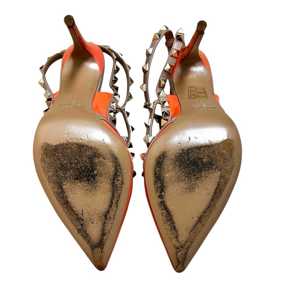 Valentino 6 Calfskin Nappa Rockstud T-Strap Patent Orange Poudre Pumps Heels - Picture 11 of 16